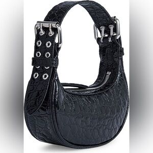 By Far Black Mini Soho Croc Embossed Leather Shoulder Bag